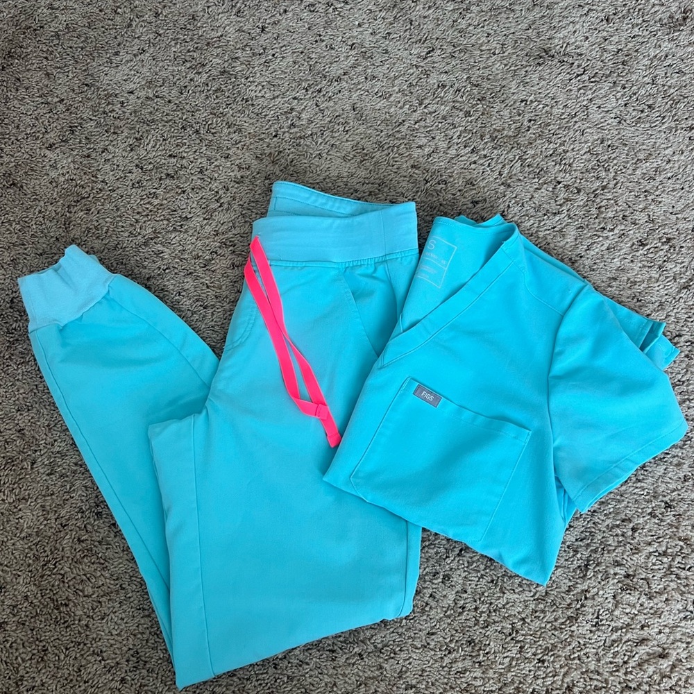 Figs Turquoise with Hot Pink Strings Set - XS Top and Bottom